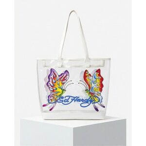 Ed Hardy Clear PVC Butterfly Beach Tote Bag & Zip Pouch Purple White 14x13x6 NWT